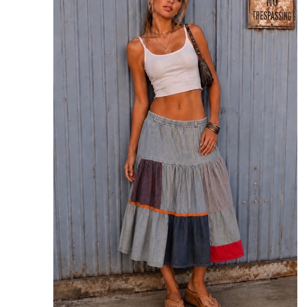 VTG Y2k Grannycore Grung Fairycore Skirt Sz 12 blue Layers Patchwork check